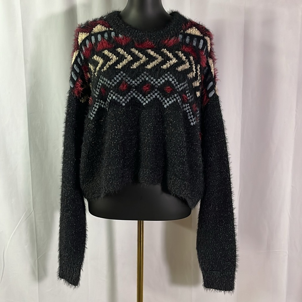Frye Black Multicolor Boho Print Chunky Mohair Cropped Long Sleeve Sweater